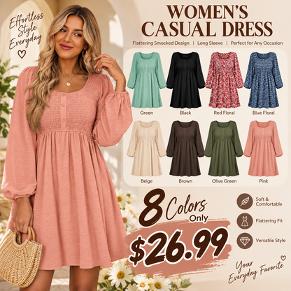Womens Fall Dresses 2026 Casual Smocked Crewneck Button Up Long Sleeve Empire Waist A-Line Mini Dress