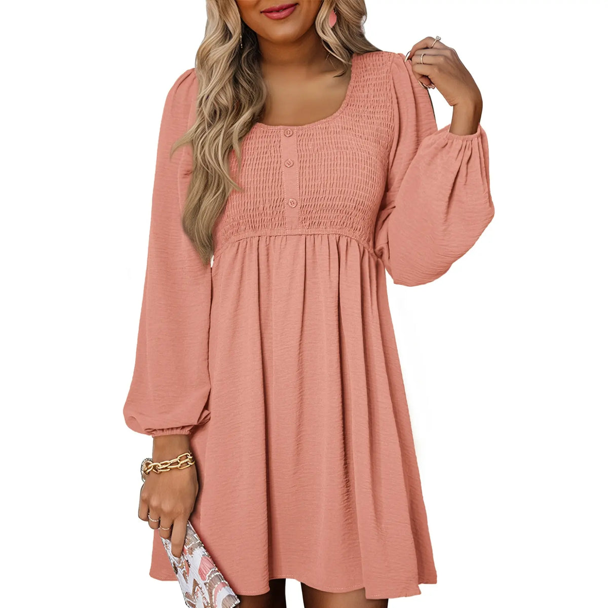Womens Fall Dresses 2026 Casual Smocked Crewneck Button Up Long Sleeve Empire Waist A-Line Mini Dress
