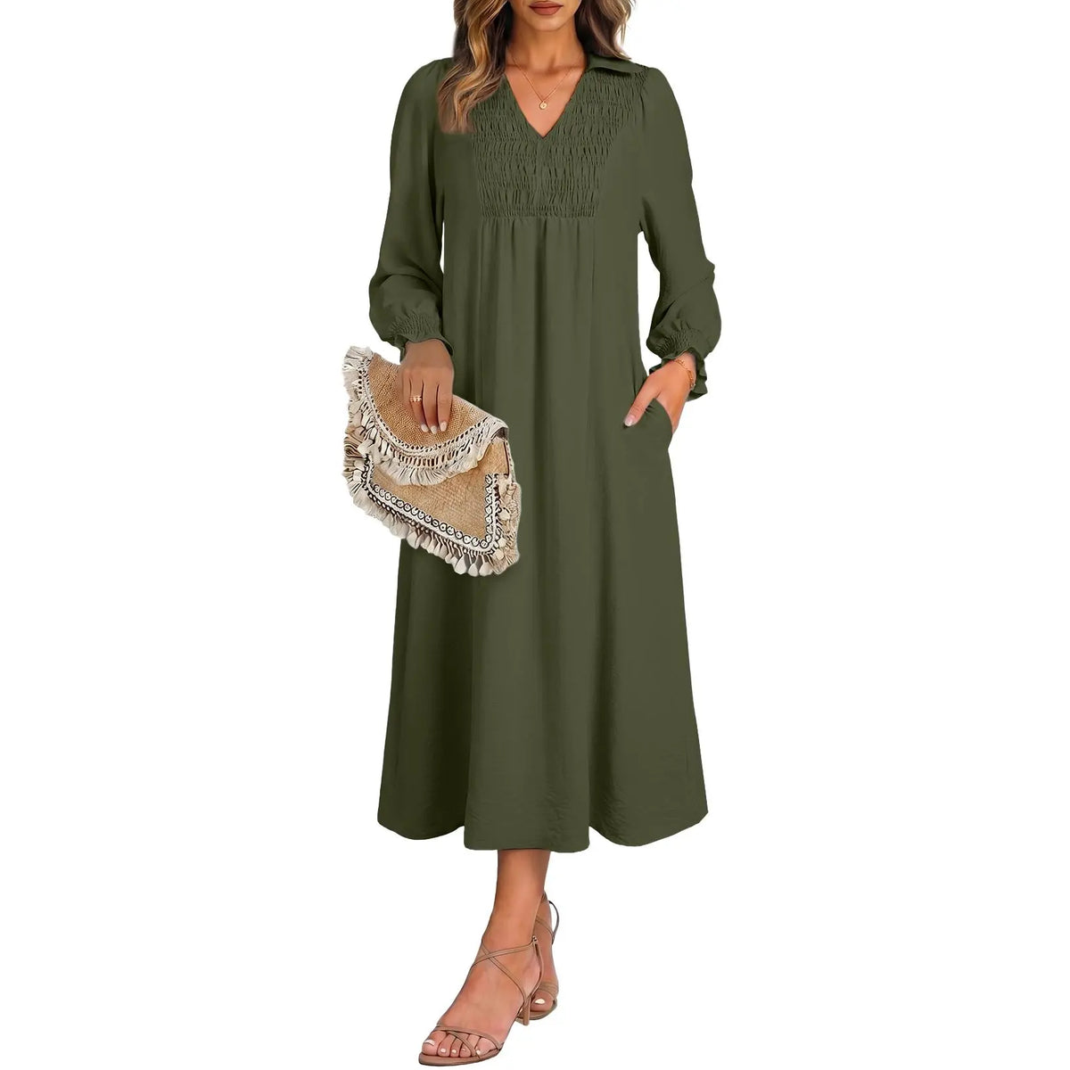 Womens Dresses 2026 Casual Dress V Neck Puff Long Sleeve Empire Waist A-Line Maxi Dress