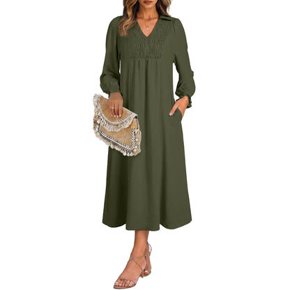 Womens Dresses 2026 Casual Dress V Neck Puff Long Sleeve Empire Waist A-Line Maxi Dress