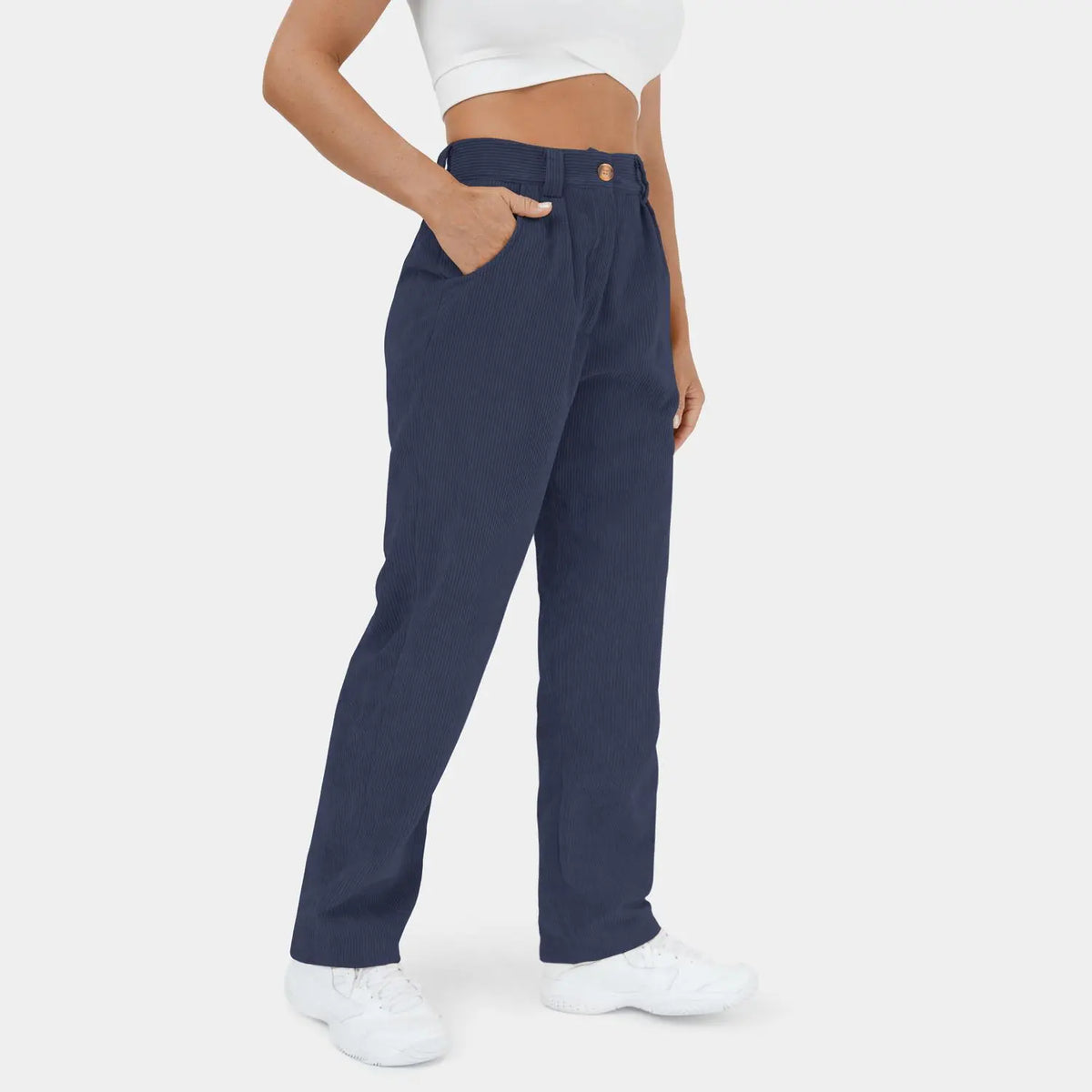 Mid Rise Button Zipper Side Pocket Corduroy Casual Pants