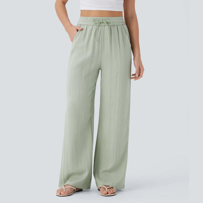 High Waisted Drawstring Pocket Wide Leg Baggy Casual Linen-Feel Pants