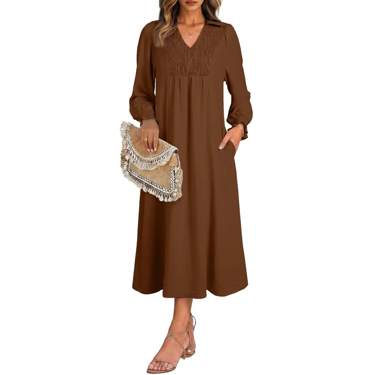Womens Dresses 2026 Casual Dress V Neck Puff Long Sleeve Empire Waist A-Line Maxi Dress