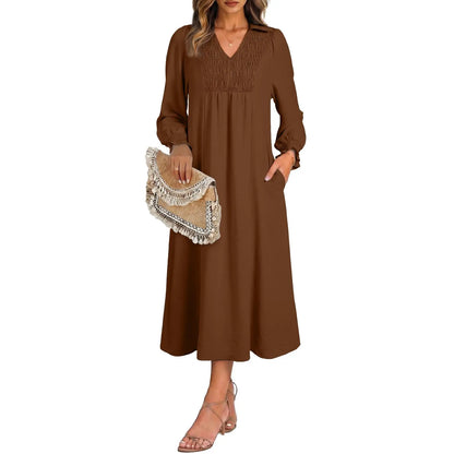 Womens Dresses 2026 Casual Dress V Neck Puff Long Sleeve Empire Waist A-Line Maxi Dress