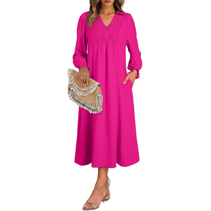 Womens Dresses 2026 Casual Dress V Neck Puff Long Sleeve Empire Waist A-Line Maxi Dress