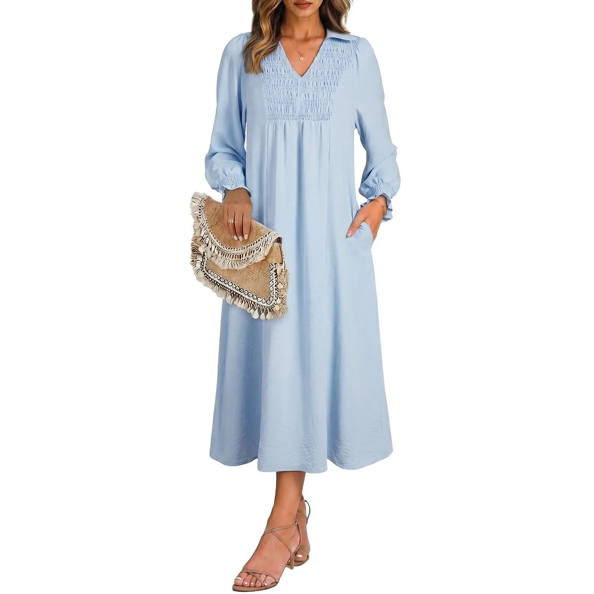 Womens Dresses 2026 Casual Dress V Neck Puff Long Sleeve Empire Waist A-Line Maxi Dress