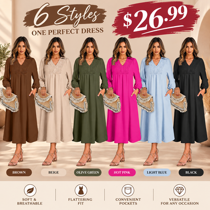 Womens Dresses 2026 Casual Dress V Neck Puff Long Sleeve Empire Waist A-Line Maxi Dress