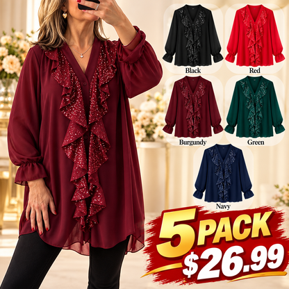 Women's V-Neck Sequin Spliced Chiffon Top
