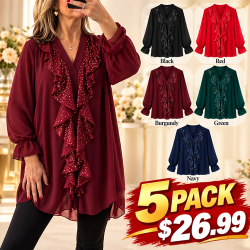 Women's V-Neck Sequin Spliced Chiffon Top