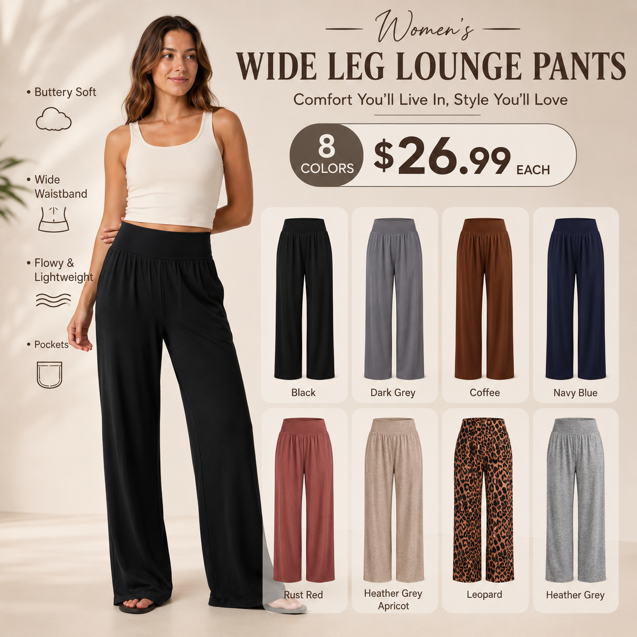 Wide Leg Lounge After-Work Pants, Women High-Waisted Casual Yoga Pants with Pockets