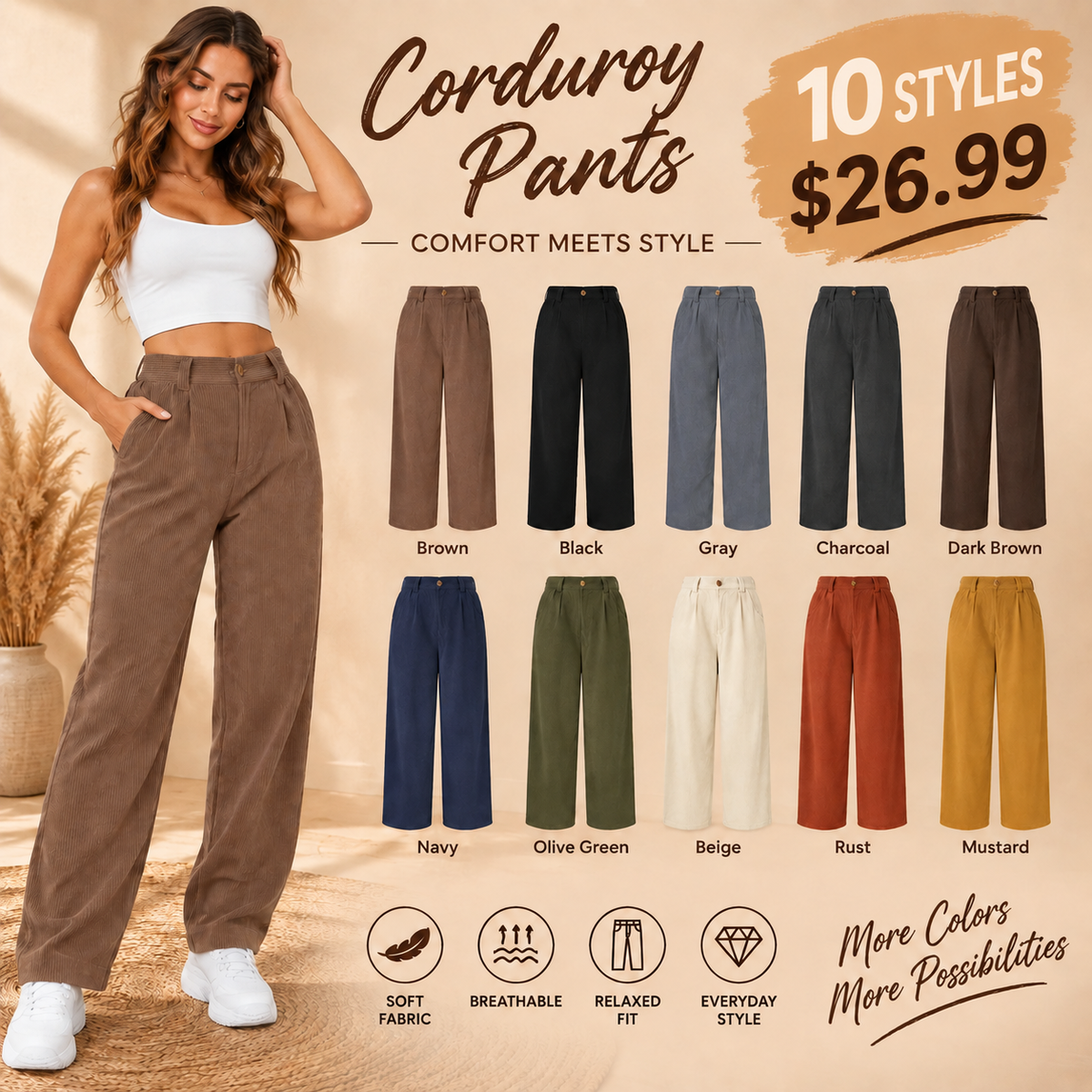 Mid Rise Button Zipper Side Pocket Corduroy Casual Pants