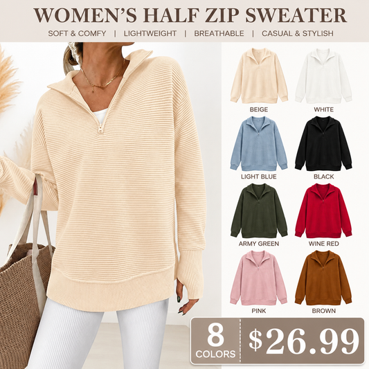 Women's Long Sleeve Quarter Zip Pullover Sweater Casual Loose V Neck Collared Ribbed Knit Jumper Tops