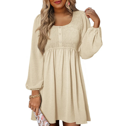 Womens Fall Dresses 2026 Casual Smocked Crewneck Button Up Long Sleeve Empire Waist A-Line Mini Dress