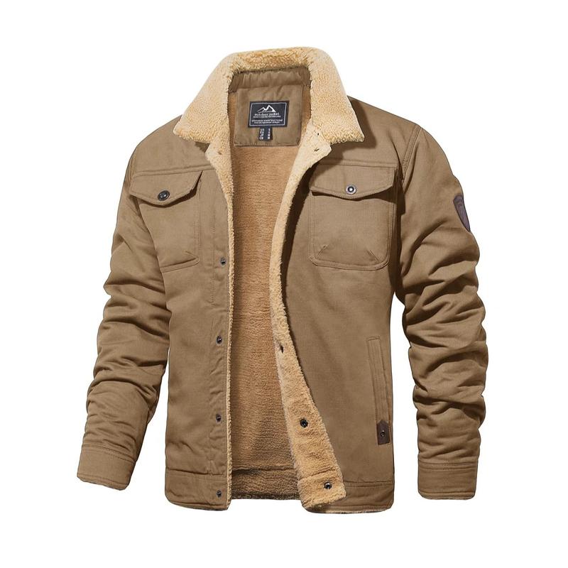 Men's Sherpa-Lined Trucker Jacket – Fleece Cotton Coat in Khaki