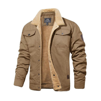 Men's Sherpa-Lined Trucker Jacket – Fleece Cotton Coat in Khaki