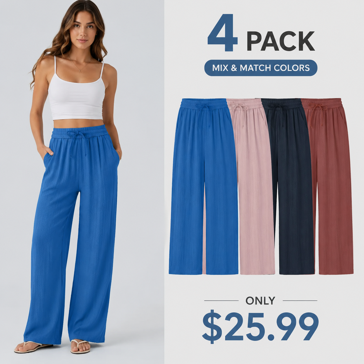 High Waisted Drawstring Pocket Wide Leg Baggy Casual Linen-Feel Pants
