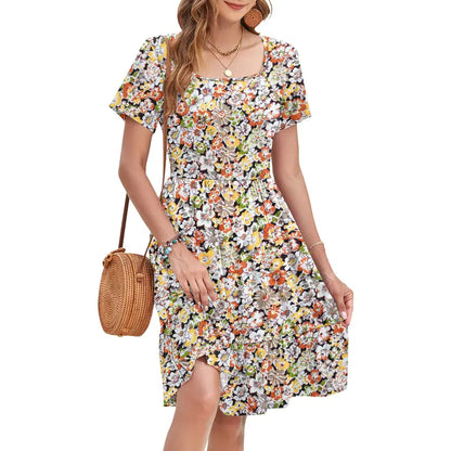 Women Square Neck Ditsy Floral Dress, Ruffle Empire Waist A-Line Sundress With Pockets