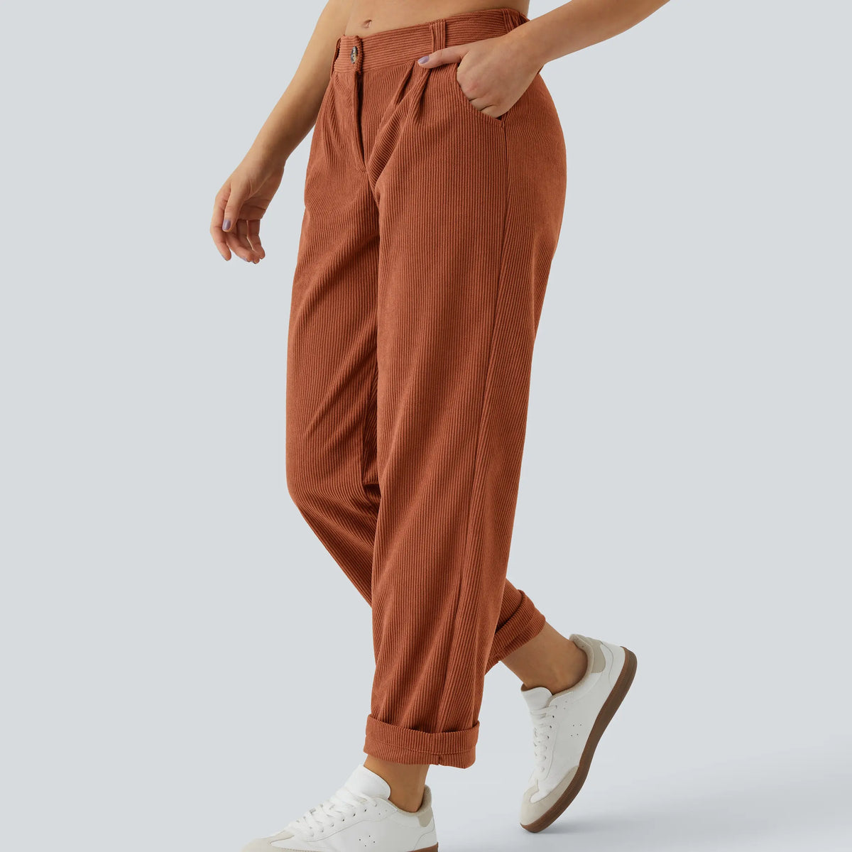 Mid Rise Button Zipper Side Pocket Corduroy Casual Pants