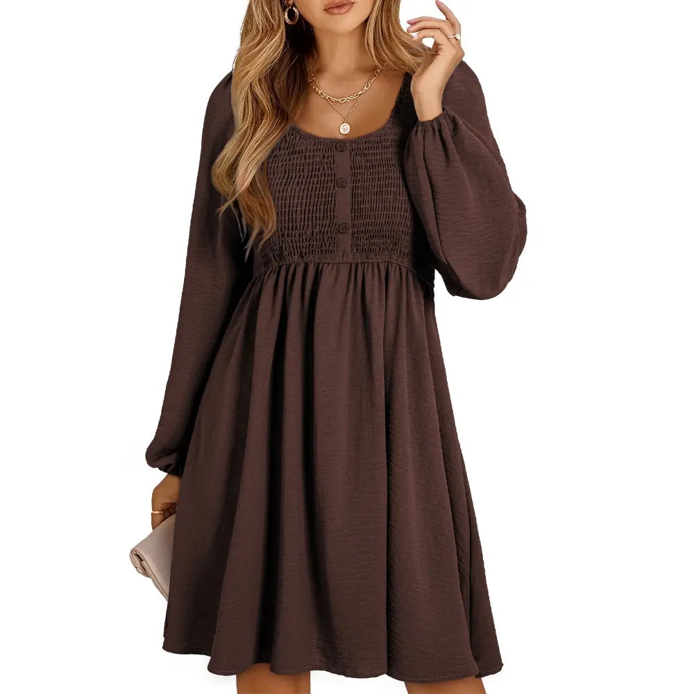 Womens Fall Dresses 2026 Casual Smocked Crewneck Button Up Long Sleeve Empire Waist A-Line Mini Dress