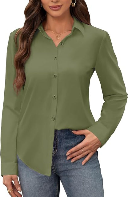 Women's Stain Shield Dress Shirts Wrinkle Free Long Sleeve Shirts Solid Work Business Button Down Shirts
