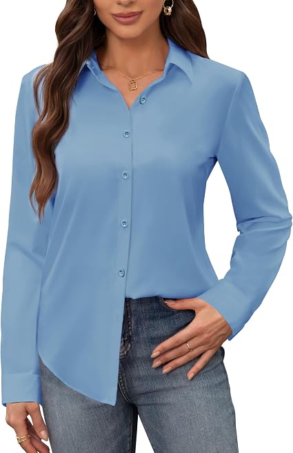 Women's Stain Shield Dress Shirts Wrinkle Free Long Sleeve Shirts Solid Work Business Button Down Shirts