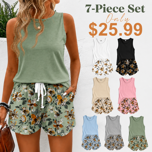 Women's Floral Print Two-Piece Set – Sleeveless Tank & Drawstring Shorts