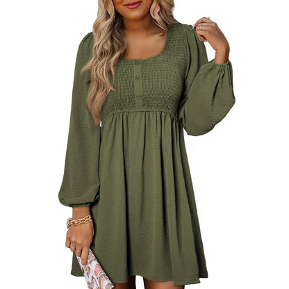 Womens Fall Dresses 2026 Casual Smocked Crewneck Button Up Long Sleeve Empire Waist A-Line Mini Dress