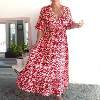 Bohemian Casual Print V-neck Waist Wrap Long Dress