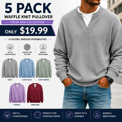 Men's Layered Comfort Waffle Knit Pullover – Soft Thermal Long Sleeve Sweater