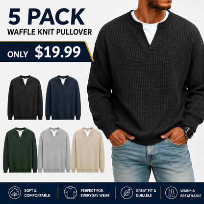 Men's Layered Comfort Waffle Knit Pullover – Soft Thermal Long Sleeve Sweater