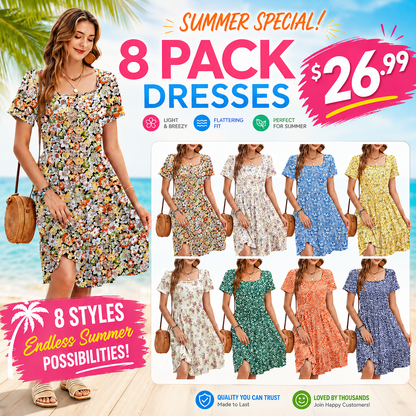 Women Square Neck Ditsy Floral Dress, Ruffle Empire Waist A-Line Sundress With Pockets