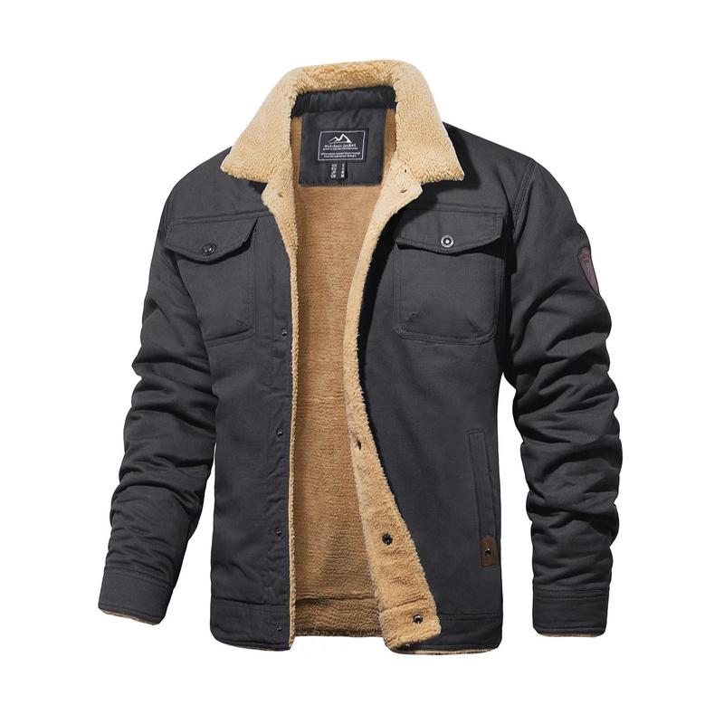 Men's Sherpa-Lined Trucker Jacket – Fleece Cotton Coat in Khaki