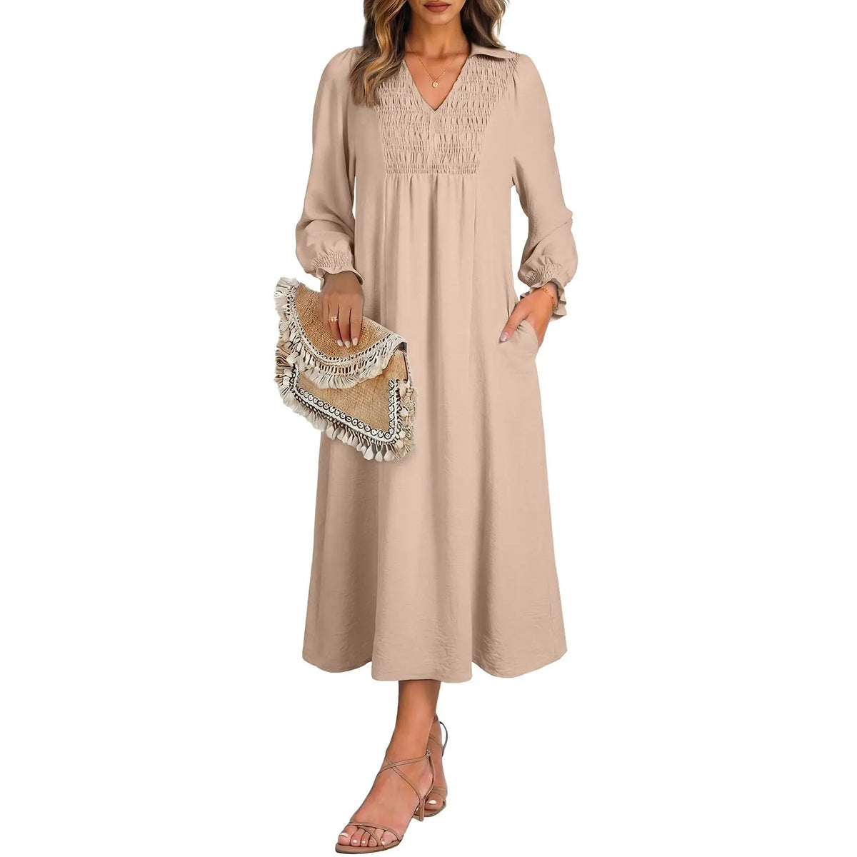 Womens Dresses 2026 Casual Dress V Neck Puff Long Sleeve Empire Waist A-Line Maxi Dress