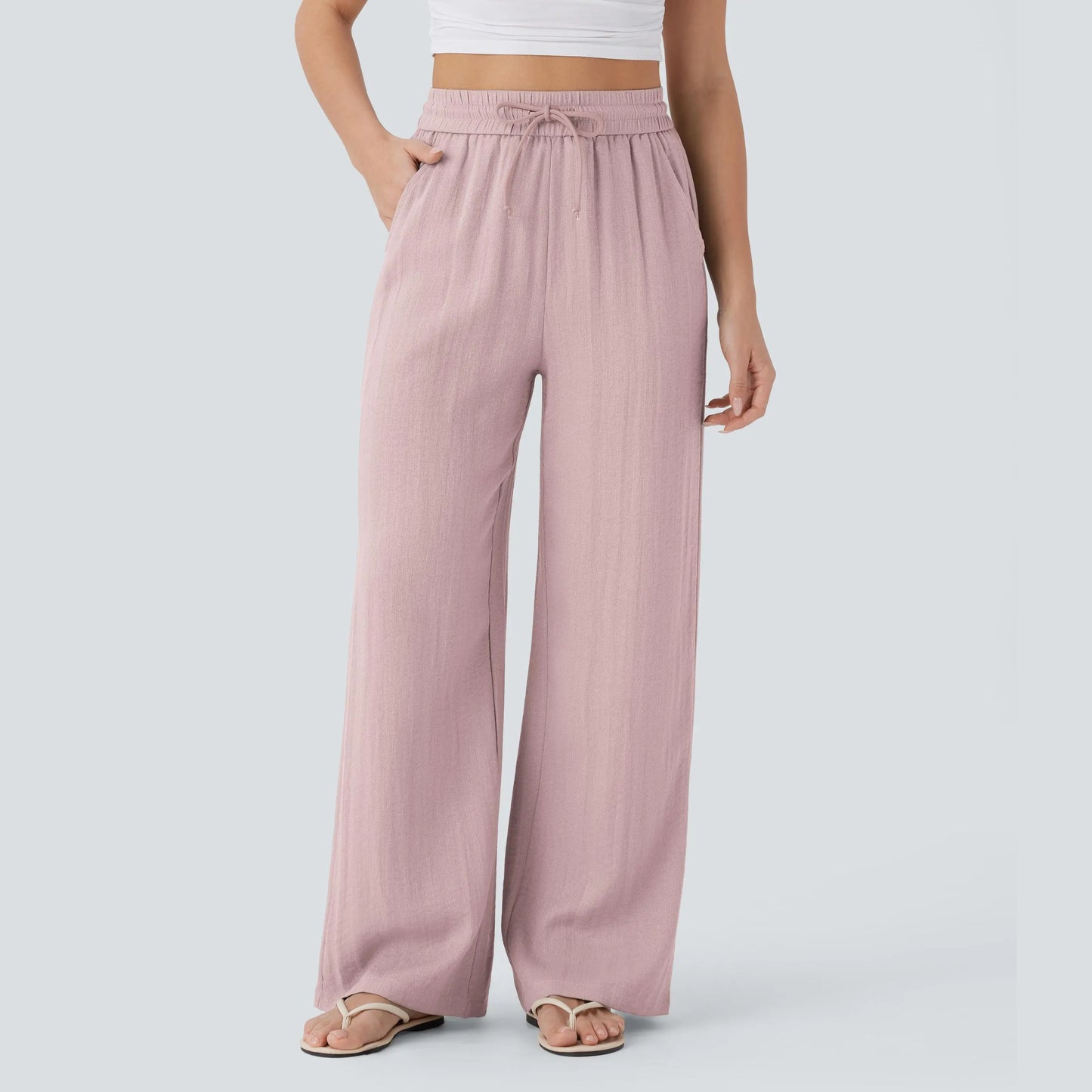 High Waisted Drawstring Pocket Wide Leg Baggy Casual Linen-Feel Pants