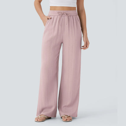High Waisted Drawstring Pocket Wide Leg Baggy Casual Linen-Feel Pants