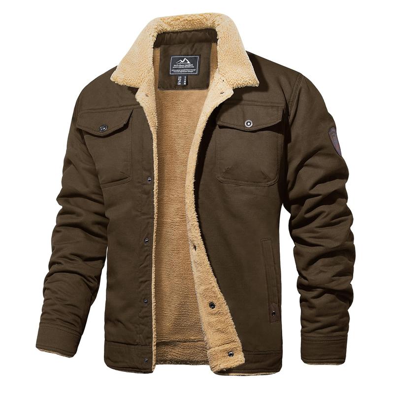 Men's Sherpa-Lined Trucker Jacket – Fleece Cotton Coat in Khaki