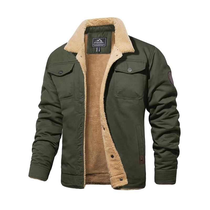 Men's Sherpa-Lined Trucker Jacket – Fleece Cotton Coat in Khaki