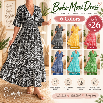 Bohemian Casual Print V-neck Waist Wrap Long Dress