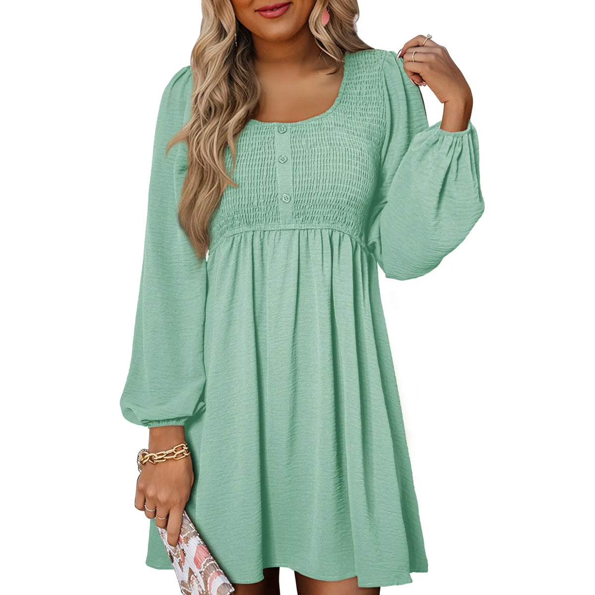 Womens Fall Dresses 2026 Casual Smocked Crewneck Button Up Long Sleeve Empire Waist A-Line Mini Dress