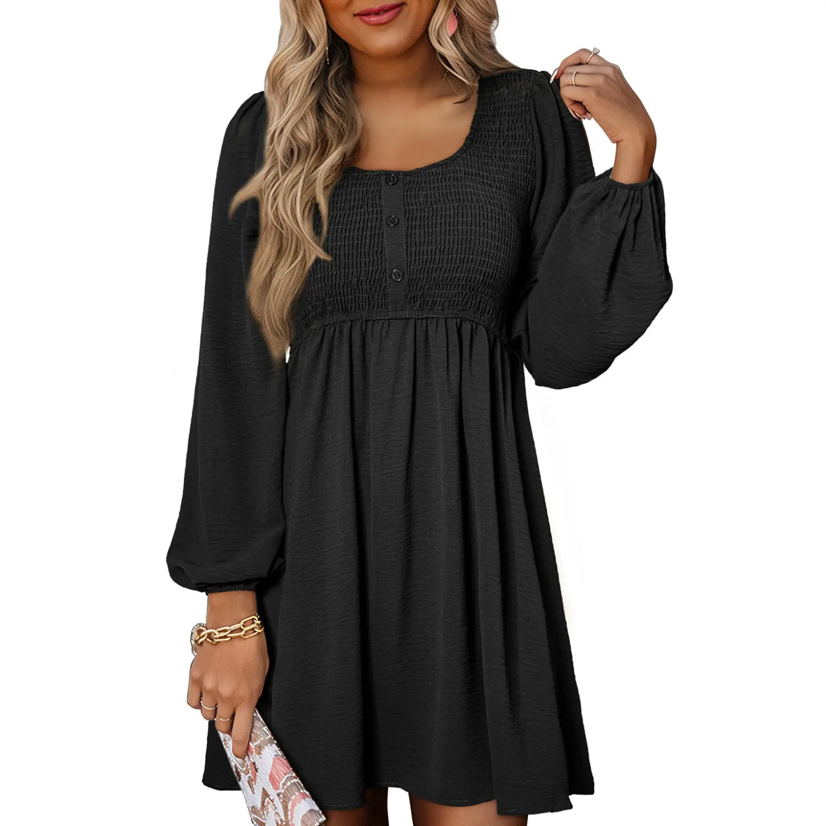 Womens Fall Dresses 2026 Casual Smocked Crewneck Button Up Long Sleeve Empire Waist A-Line Mini Dress