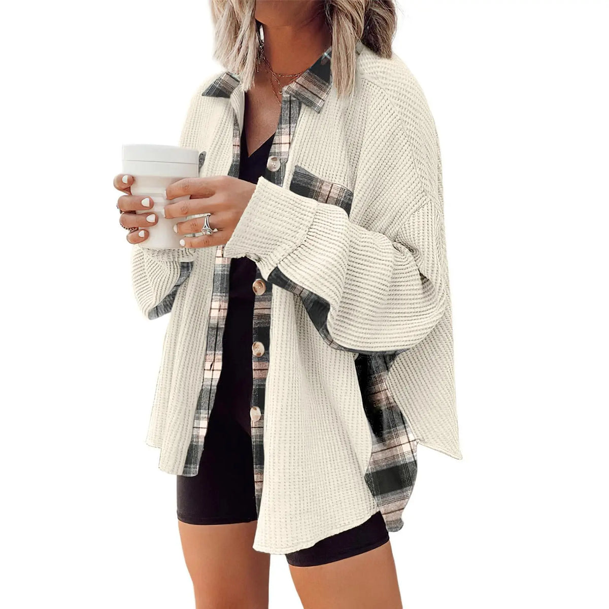 Women's Loose Fit Batwing Sleeve Waffle Knit Button Down Shacket Top