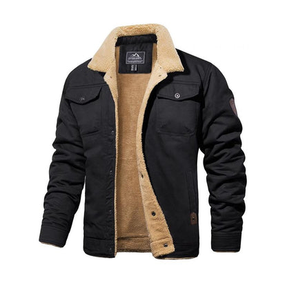 Men's Sherpa-Lined Trucker Jacket – Fleece Cotton Coat in Khaki