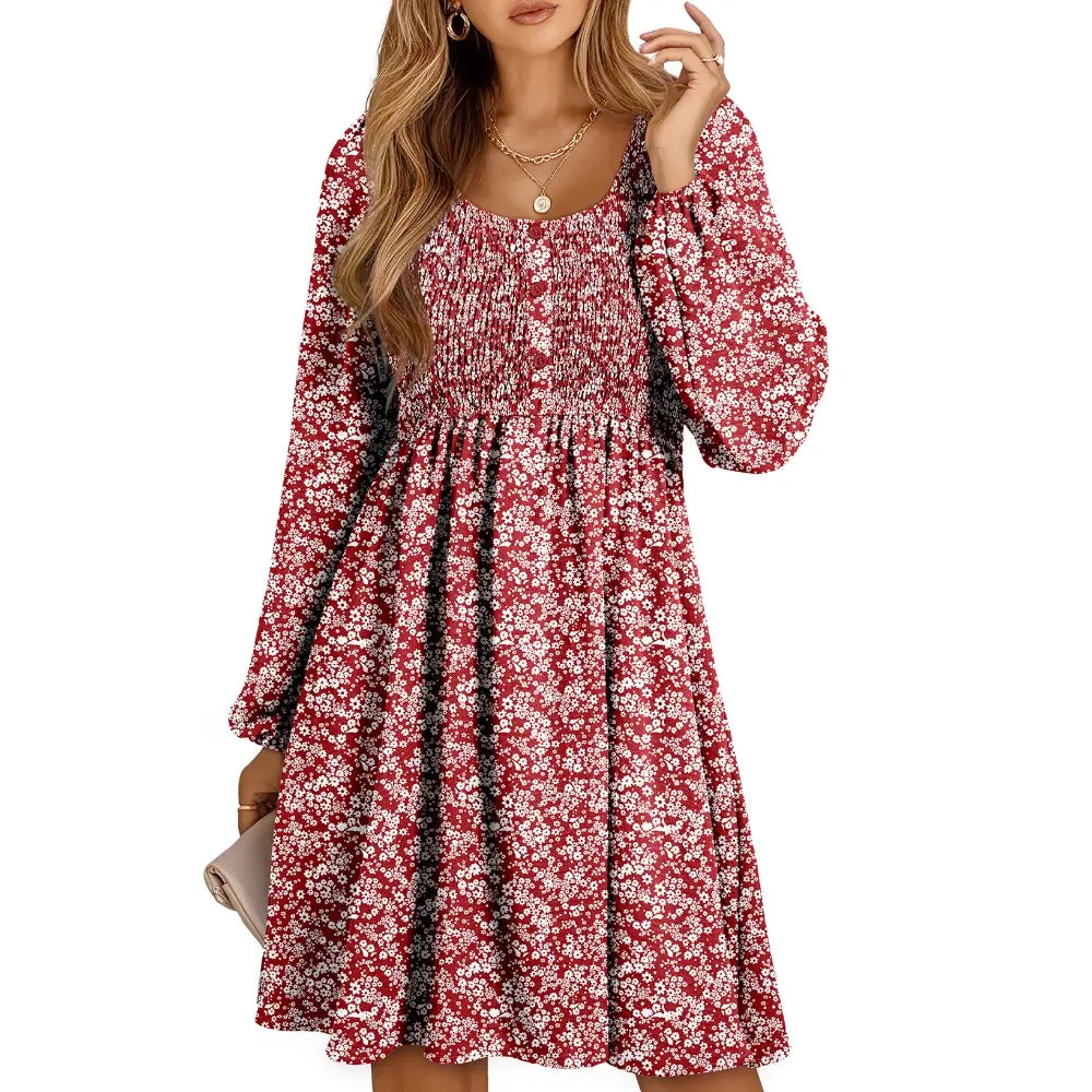 Womens Fall Dresses 2026 Casual Smocked Crewneck Button Up Long Sleeve Empire Waist A-Line Mini Dress
