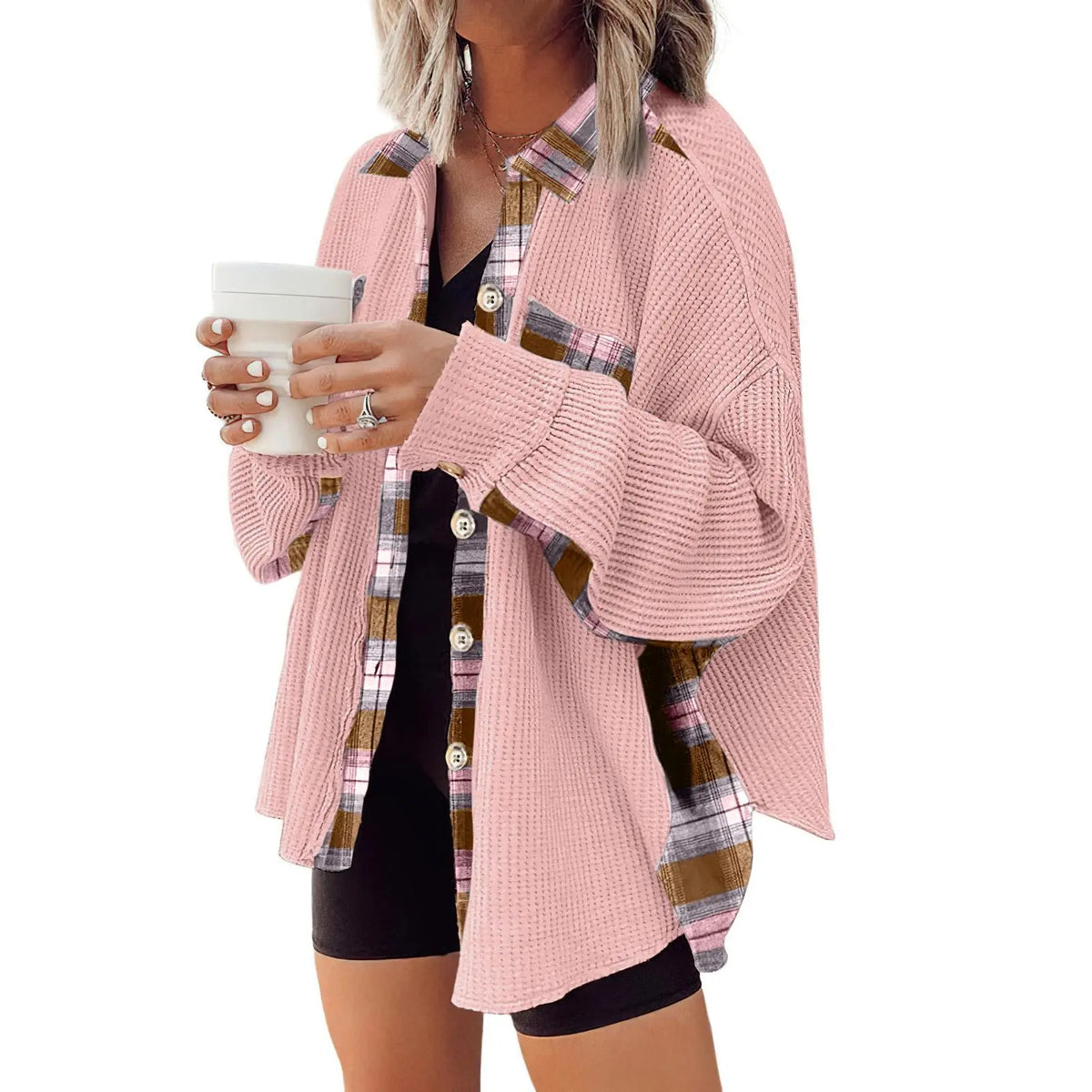 Women's Loose Fit Batwing Sleeve Waffle Knit Button Down Shacket Top