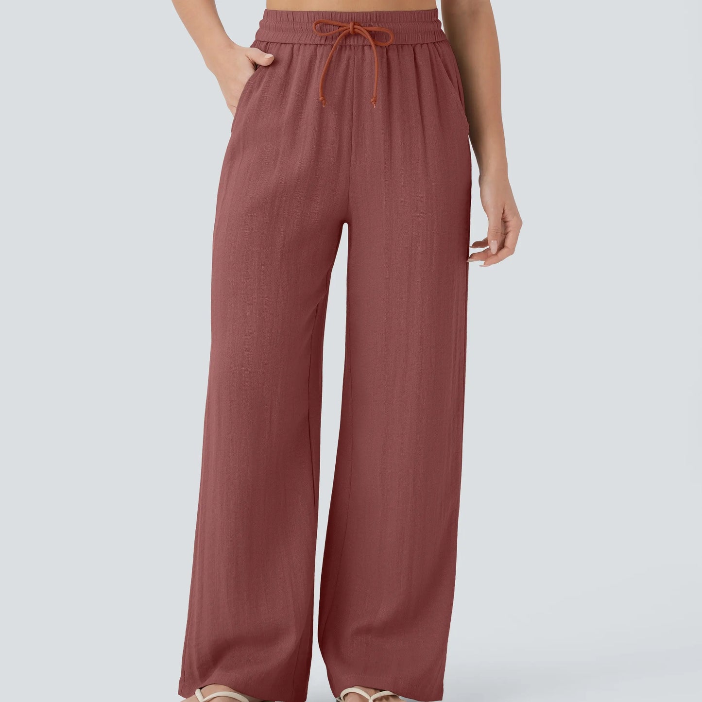 High Waisted Drawstring Pocket Wide Leg Baggy Casual Linen-Feel Pants