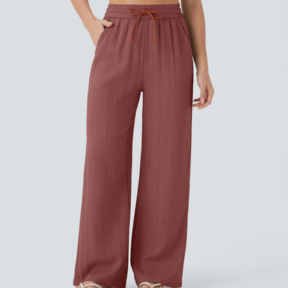 High Waisted Drawstring Pocket Wide Leg Baggy Casual Linen-Feel Pants