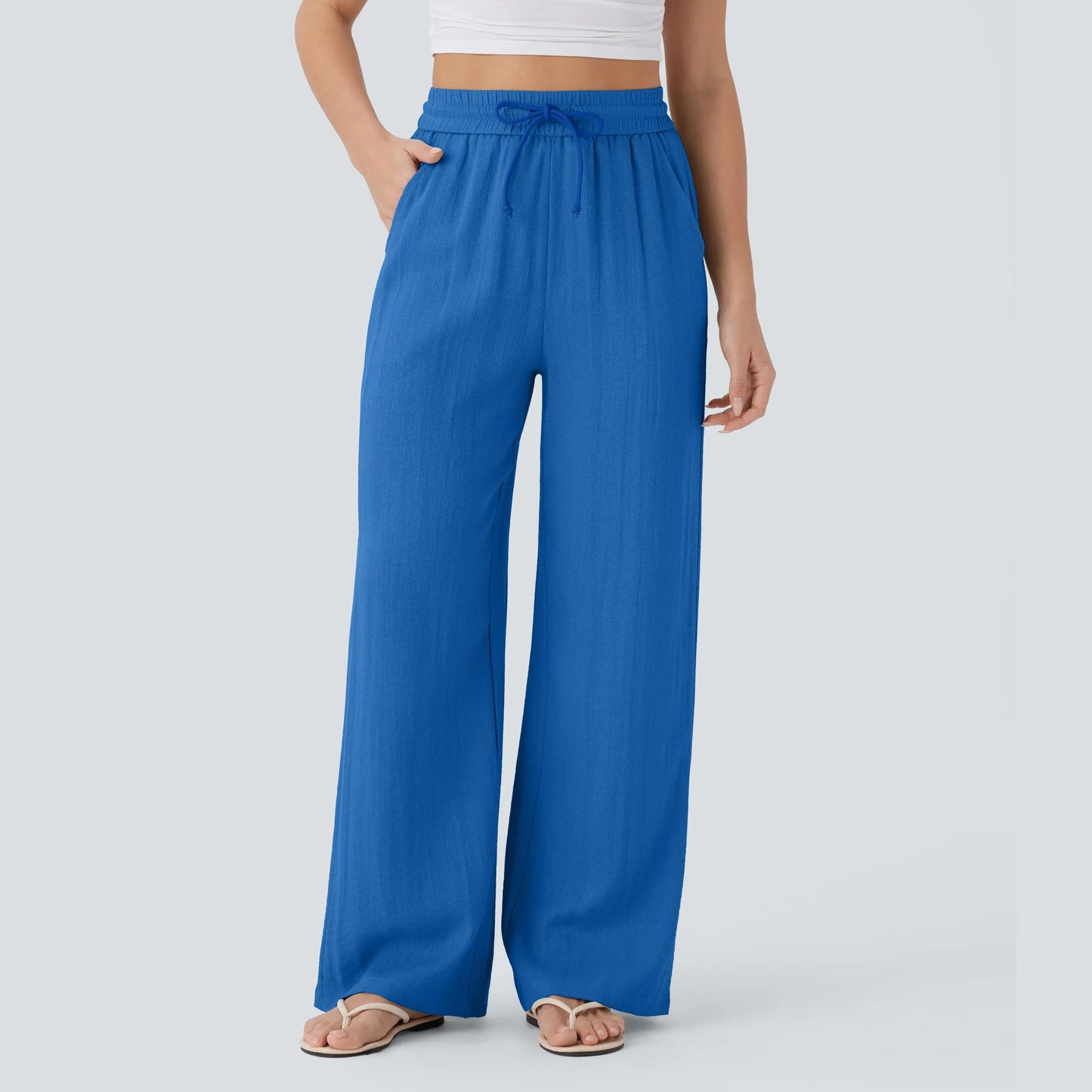 High Waisted Drawstring Pocket Wide Leg Baggy Casual Linen-Feel Pants
