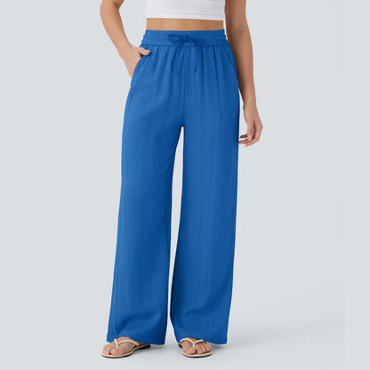 High Waisted Drawstring Pocket Wide Leg Baggy Casual Linen-Feel Pants