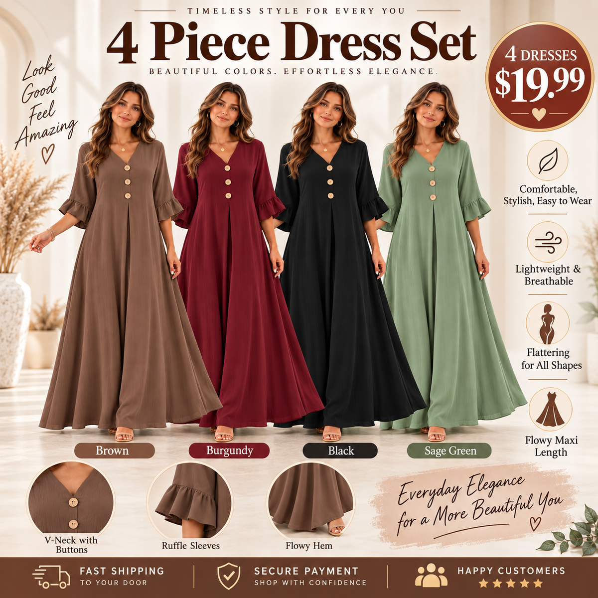 Women's V-Neck Loose Maxi Dress – Flowy, Soft & Comfortable
