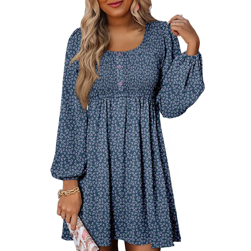 Womens Fall Dresses 2026 Casual Smocked Crewneck Button Up Long Sleeve Empire Waist A-Line Mini Dress